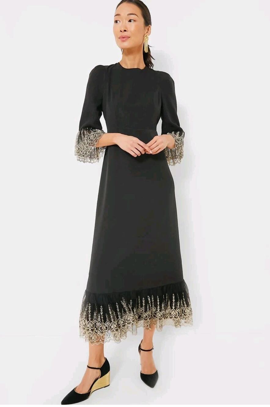 Pomander Place Tuckernuck Lilith Black Gold Lace Midi Dress NWT